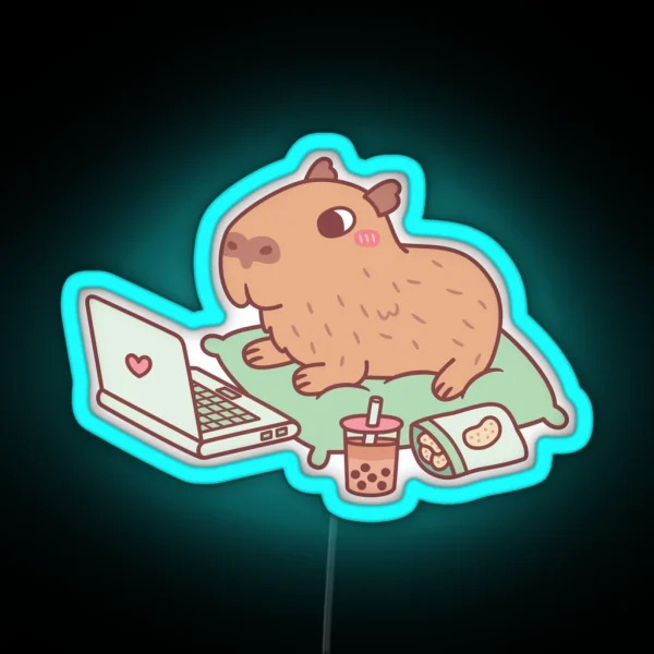 Cute Chilling Capybara With Laptop And Snacks RGB Neon Sign