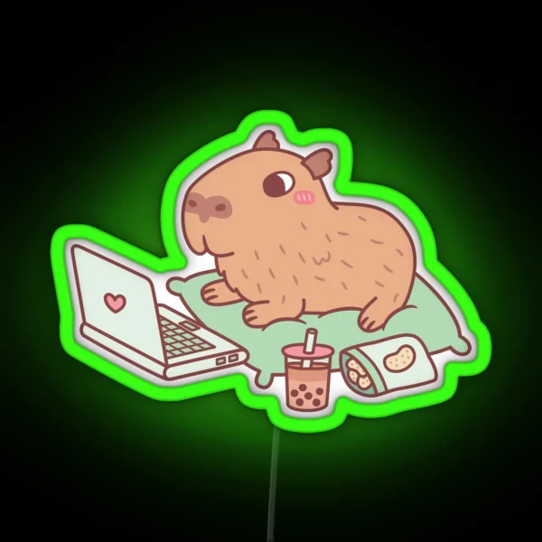 Cute Chilling Capybara With Laptop And Snacks RGB Neon Sign