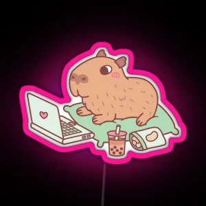 Cute Chilling Capybara With Laptop And Snacks RGB Neon Sign