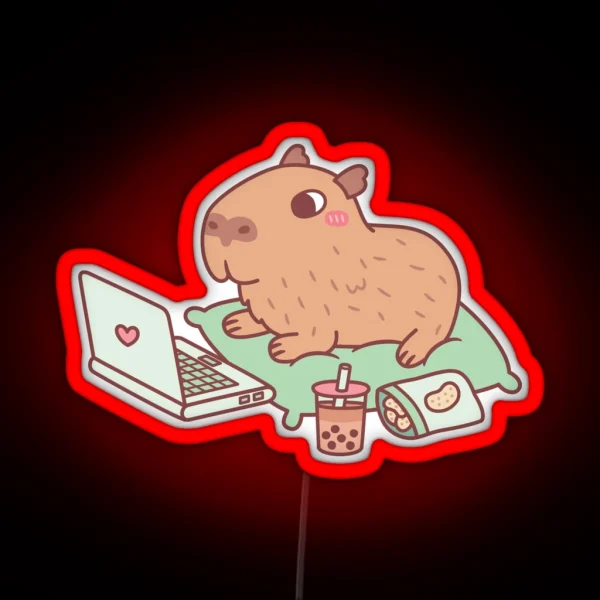Cute Chilling Capybara With Laptop And Snacks RGB Neon Sign