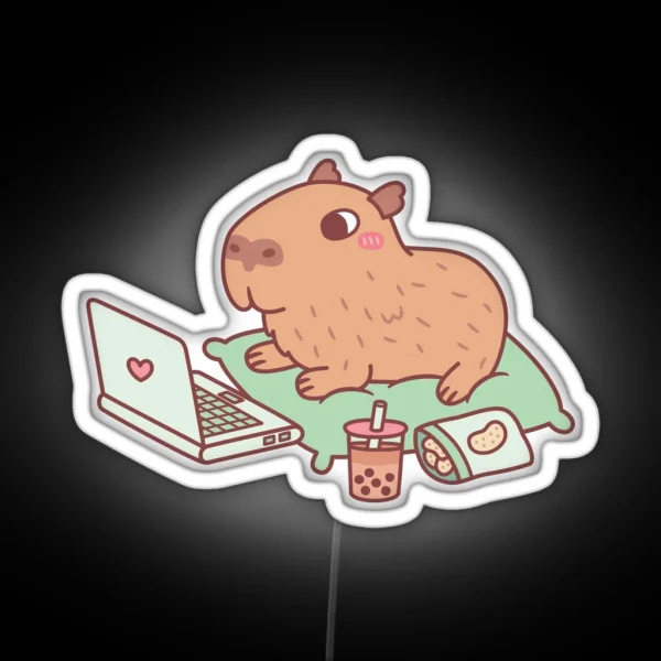 Cute Chilling Capybara With Laptop And Snacks RGB Neon Sign