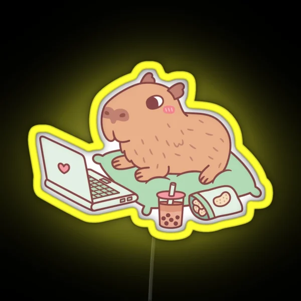 Cute Chilling Capybara With Laptop And Snacks RGB Neon Sign
