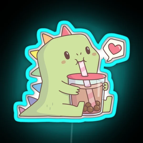 Cute Dino With Rainbow Spikes Loves Bubble Tea RGB Neon Sign