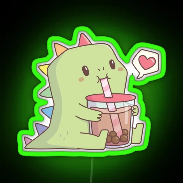 Cute Dino With Rainbow Spikes Loves Bubble Tea RGB Neon Sign