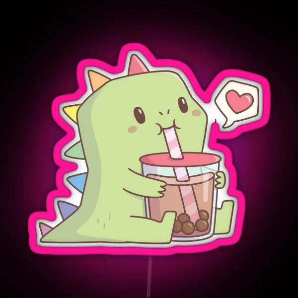 Cute Dino With Rainbow Spikes Loves Bubble Tea RGB Neon Sign