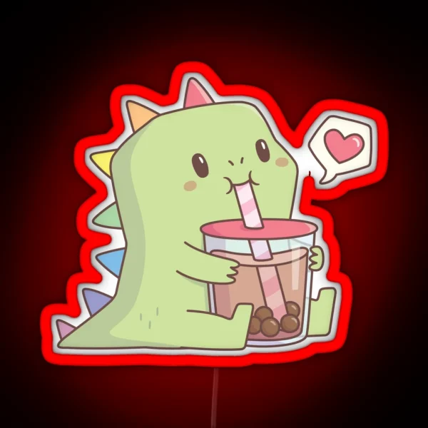 Cute Dino With Rainbow Spikes Loves Bubble Tea RGB Neon Sign