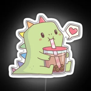 Cute Dino With Rainbow Spikes Loves Bubble Tea RGB Neon Sign