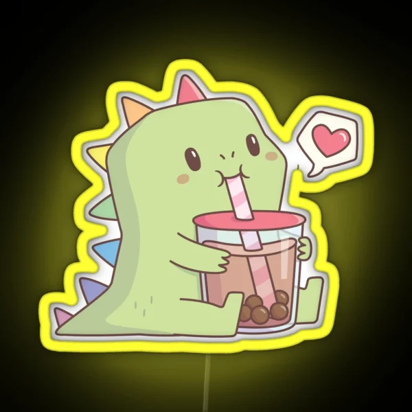 Cute Dino With Rainbow Spikes Loves Bubble Tea RGB Neon Sign