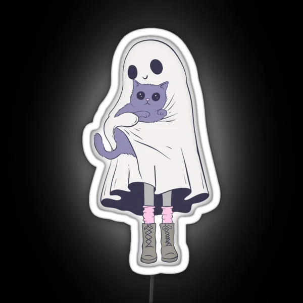 Cute Ghost Holding Cat RGB Neon Sign
