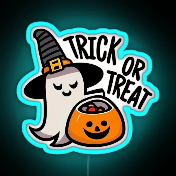 Cute Ghost Holding Pumpkin Candy Bucket Trick Or Treat RGB Neon Sign