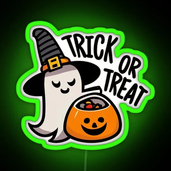 Cute Ghost Holding Pumpkin Candy Bucket Trick Or Treat RGB Neon Sign