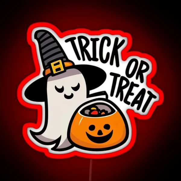 Cute Ghost Holding Pumpkin Candy Bucket Trick Or Treat RGB Neon Sign