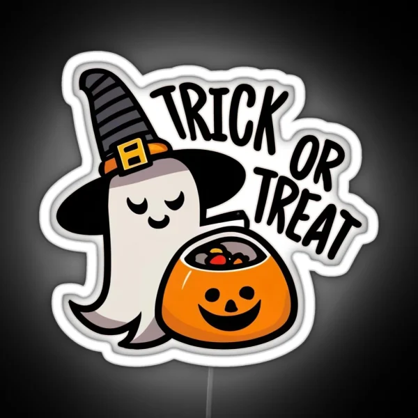 Cute Ghost Holding Pumpkin Candy Bucket Trick Or Treat RGB Neon Sign