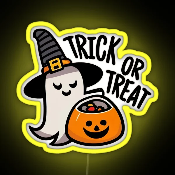 Cute Ghost Holding Pumpkin Candy Bucket Trick Or Treat RGB Neon Sign