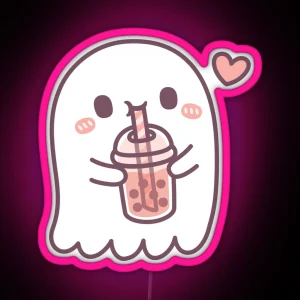 Cute Ghost Loves Boba Tea RGB Neon Sign