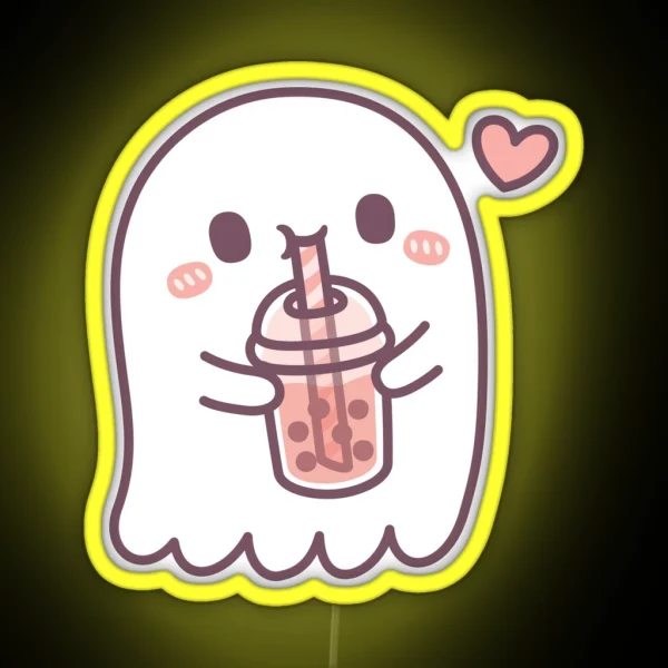 Cute Ghost Loves Boba Tea RGB Neon Sign