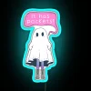 Cute cartoon ghost saying it has pockets in colorful neon