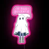 Whimsical ghost character with pockets and colorful neon accents.
