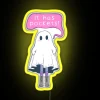 Whimsical, colorful ghost figurine with pockets on an LED sign