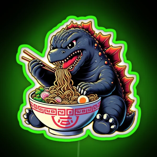 Cute Godzilla Eating Big Bowl Ramen Noodle RGB Neon Sign