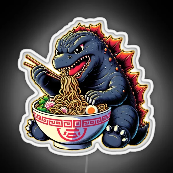 Cute Godzilla Eating Big Bowl Ramen Noodle RGB Neon Sign