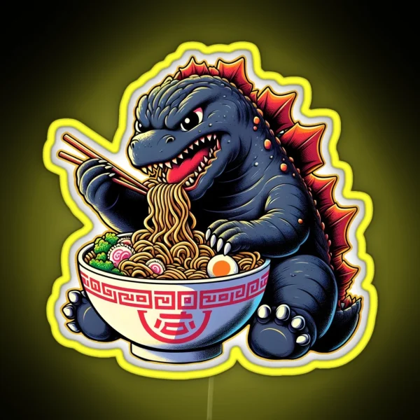 Cute Godzilla Eating Big Bowl Ramen Noodle RGB Neon Sign