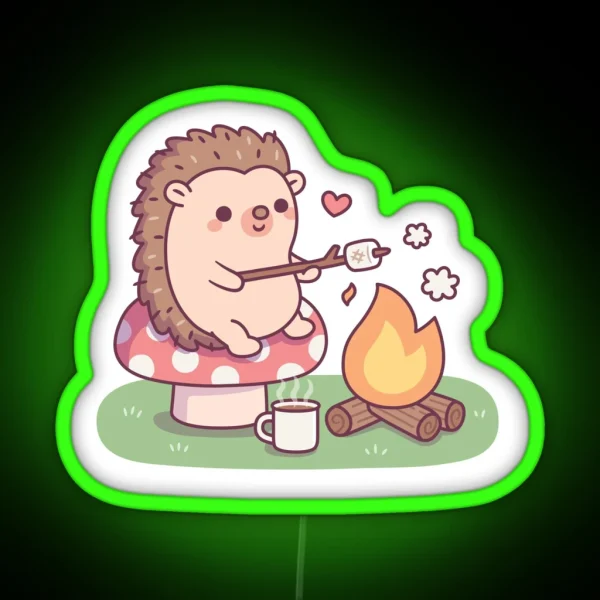 Cute Hedgehog Toasting Marshmallow At Campfire RGB Neon Sign