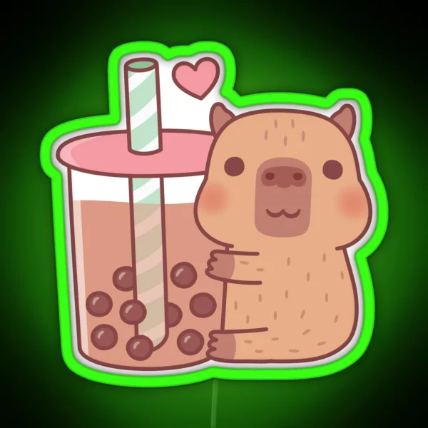 Cute Little Capybara Hugs Bubble Tea RGB Neon Sign