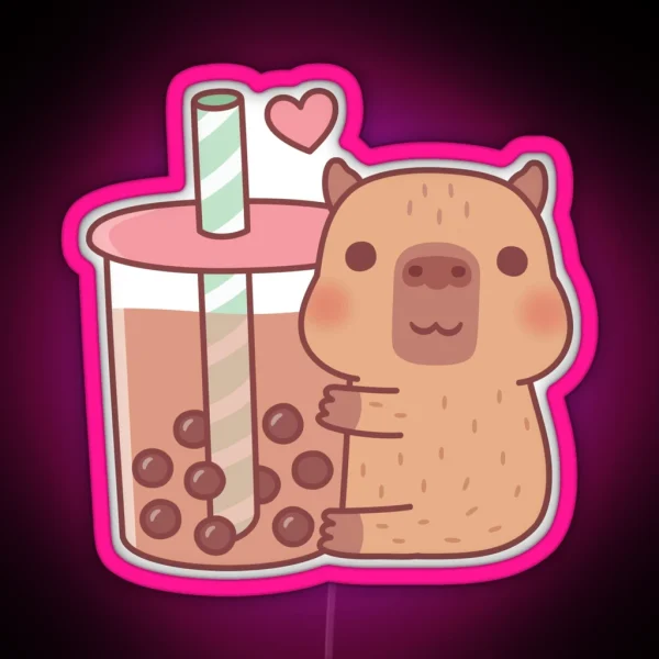 Cute Little Capybara Hugs Bubble Tea RGB Neon Sign