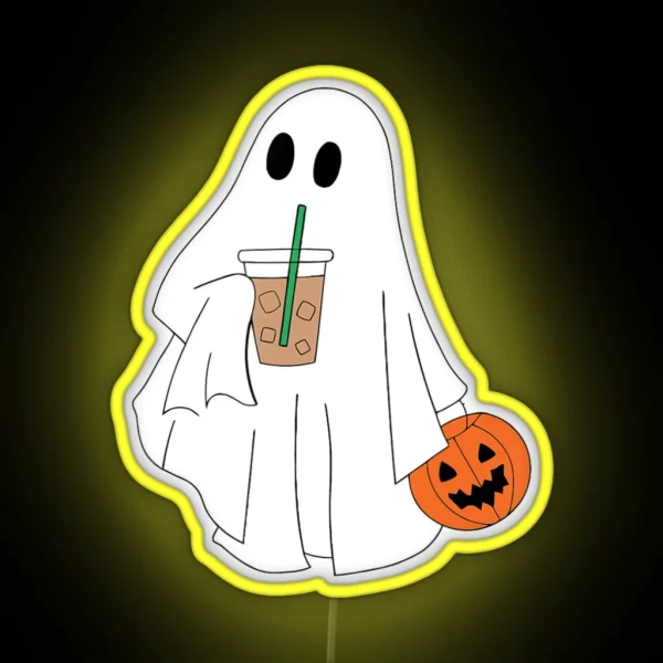 Cute Little Ghost Drinking Coffee Halloween Spooky Season RGB Neon Sign