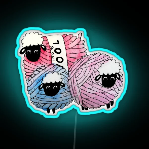 Cute Little Knitting Crochet Pink Balls Of Wool Sheep And Lamb RGB Neon Sign