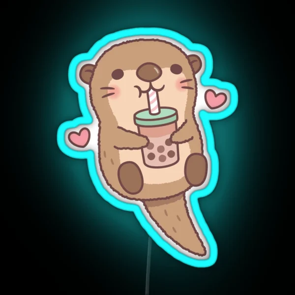 Cute Little Otter Loves Bubble Tea RGB Neon Sign