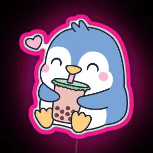 Cute Little Penguin Loves Boba Tea RGB Neon Sign