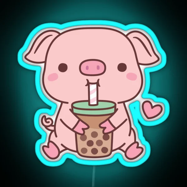 Cute Little Pig Loves Bubble Milk Tea RGB Neon Sign