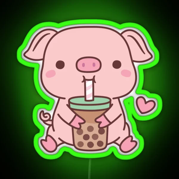 Cute Little Pig Loves Bubble Milk Tea RGB Neon Sign