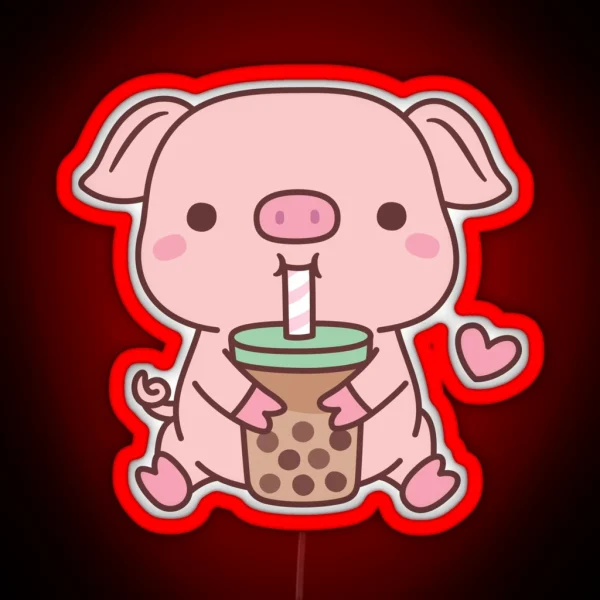 Cute Little Pig Loves Bubble Milk Tea RGB Neon Sign