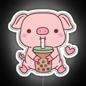 Cute Little Pig Loves Bubble Milk Tea RGB Neon Sign