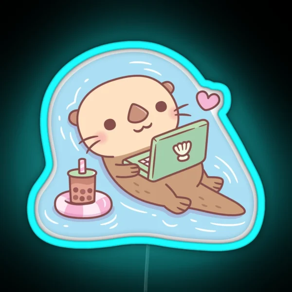 Cute Otter Chilling With Bubble Tea And RGB Neon Sign