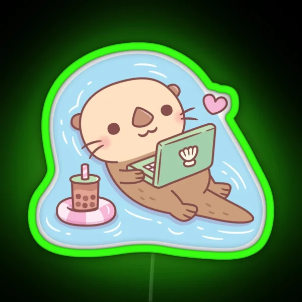Cute Otter Chilling With Bubble Tea And RGB Neon Sign
