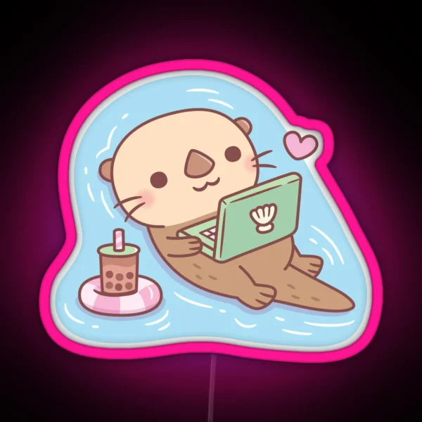 Cute Otter Chilling With Bubble Tea And RGB Neon Sign