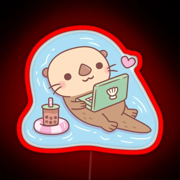 Cute Otter Chilling With Bubble Tea And RGB Neon Sign