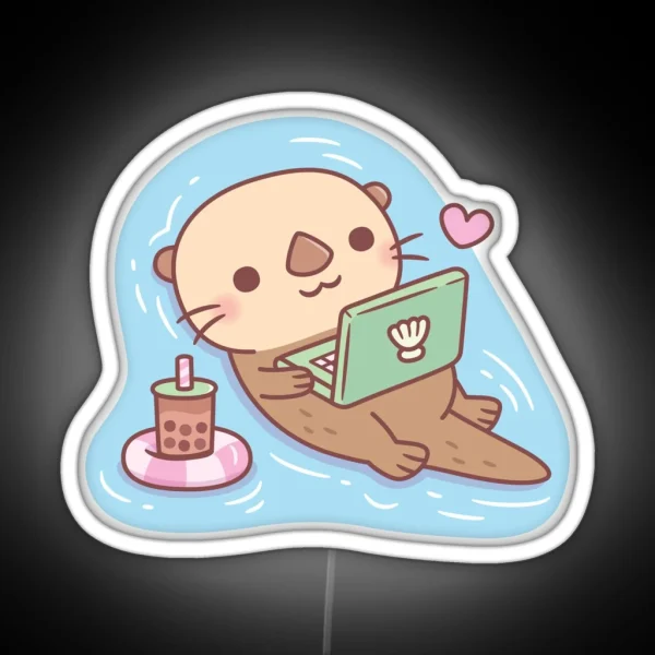 Cute Otter Chilling With Bubble Tea And RGB Neon Sign