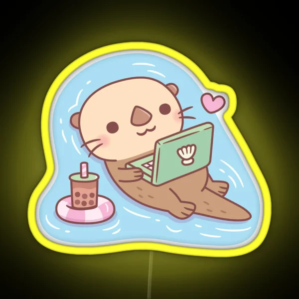 Cute Otter Chilling With Bubble Tea And RGB Neon Sign