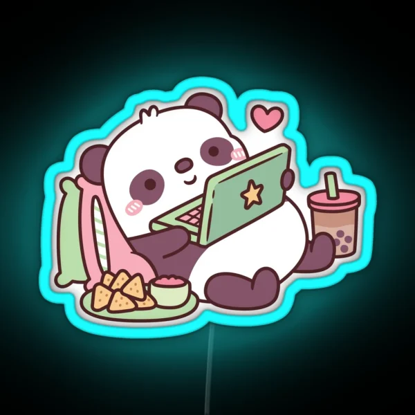 Cute Panda Chillin With Anime Chips And RGB Neon Sign