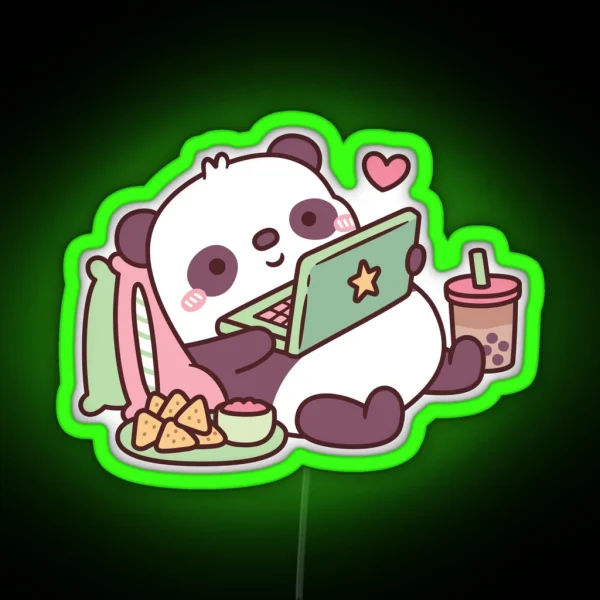 Cute Panda Chillin With Anime Chips And RGB Neon Sign