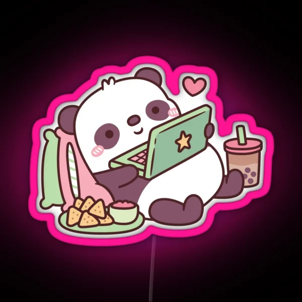 Cute Panda Chillin With Anime Chips And RGB Neon Sign