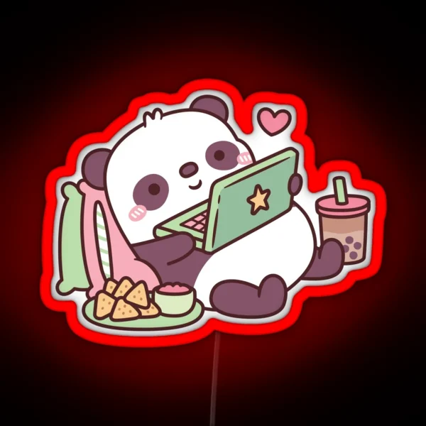 Cute Panda Chillin With Anime Chips And RGB Neon Sign