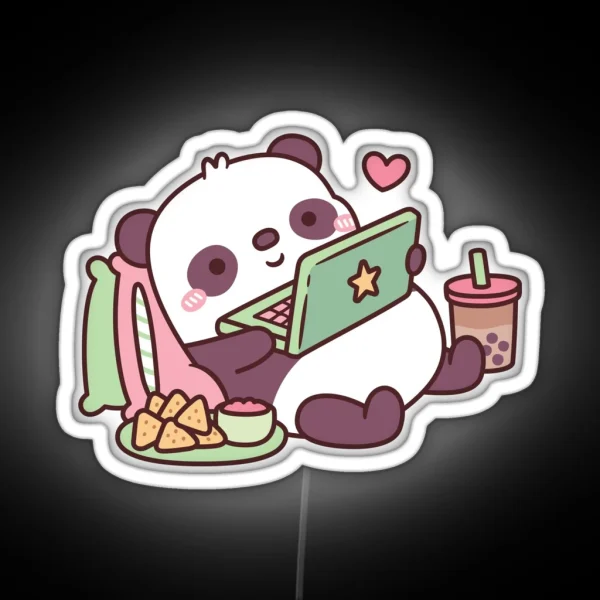 Cute Panda Chillin With Anime Chips And RGB Neon Sign