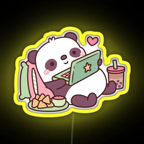 Cute Panda Chillin With Anime Chips And RGB Neon Sign