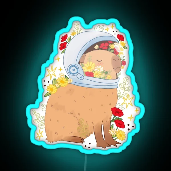 Cute Peaceful Capybara Astronaut With Flowers RGB Neon Sign